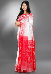 White with Red Border Dhakai Jamdani Cotton Saree without Blouse Piece