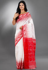 White with Red Border Dhakai Jamdani Cotton Saree without Blouse Piece