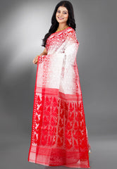 White with Red Border Dhakai Jamdani Cotton Saree without Blouse Piece