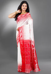 White with Red Border Dhakai Jamdani Cotton Saree without Blouse Piece