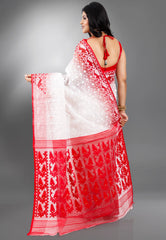 White with Red Border Dhakai Jamdani Cotton Saree without Blouse Piece