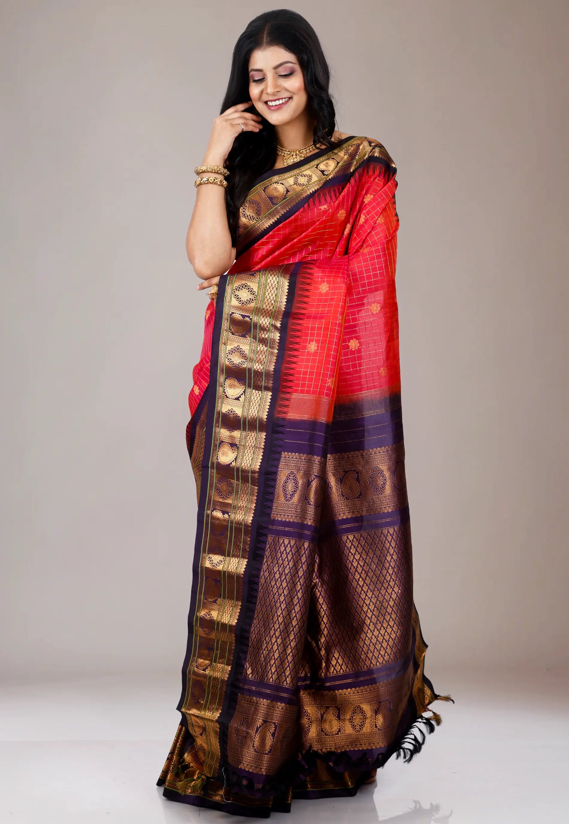 Red with Blue Border Gadwal Pure Silk Saree With Blouse Piece