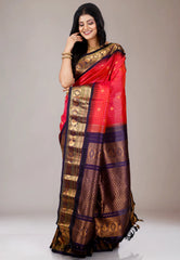 Red with Blue Border Gadwal Pure Silk Saree With Blouse Piece