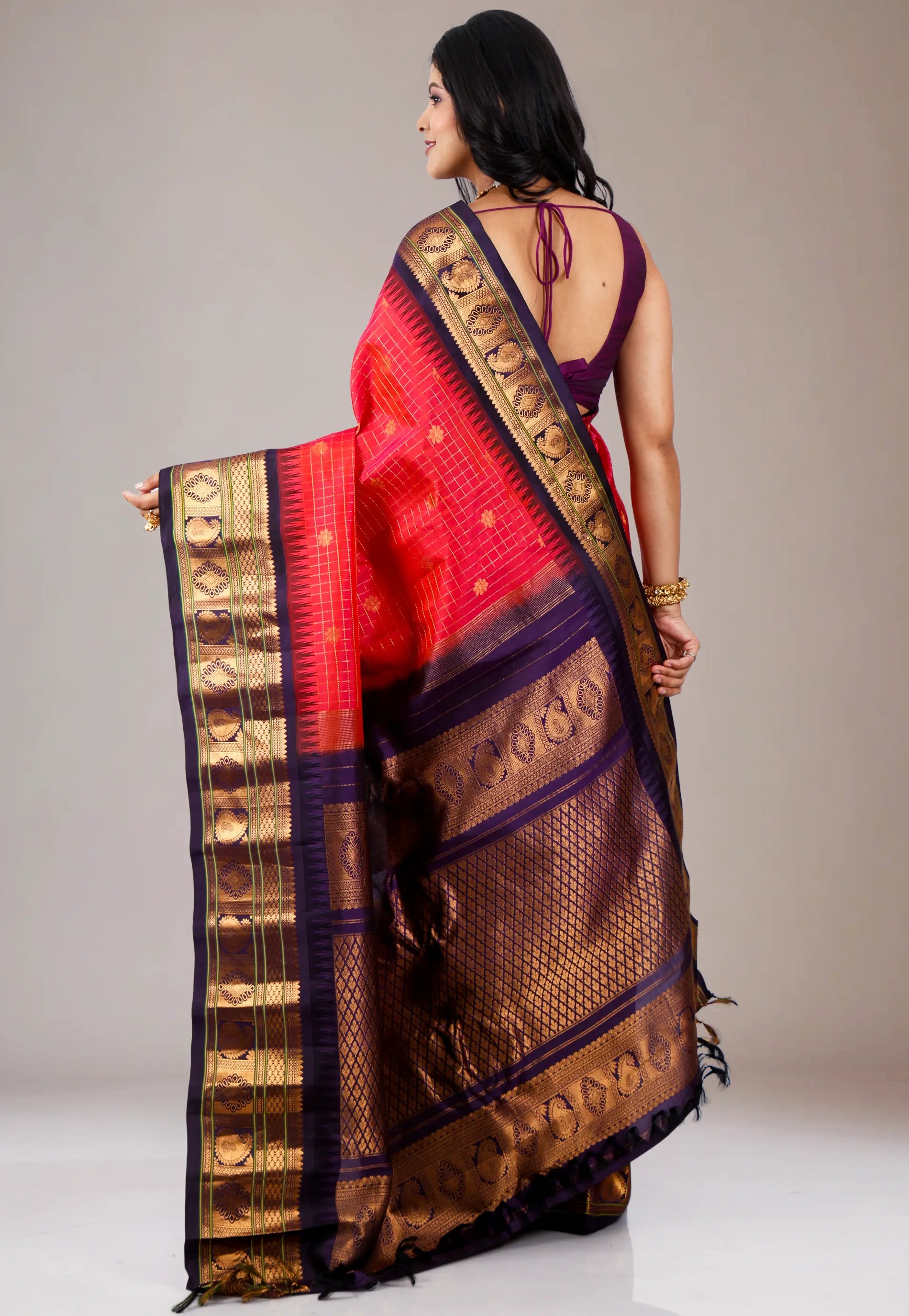 Red with Blue Border Gadwal Pure Silk Saree With Blouse Piece