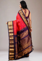 Red with Blue Border Gadwal Pure Silk Saree With Blouse Piece
