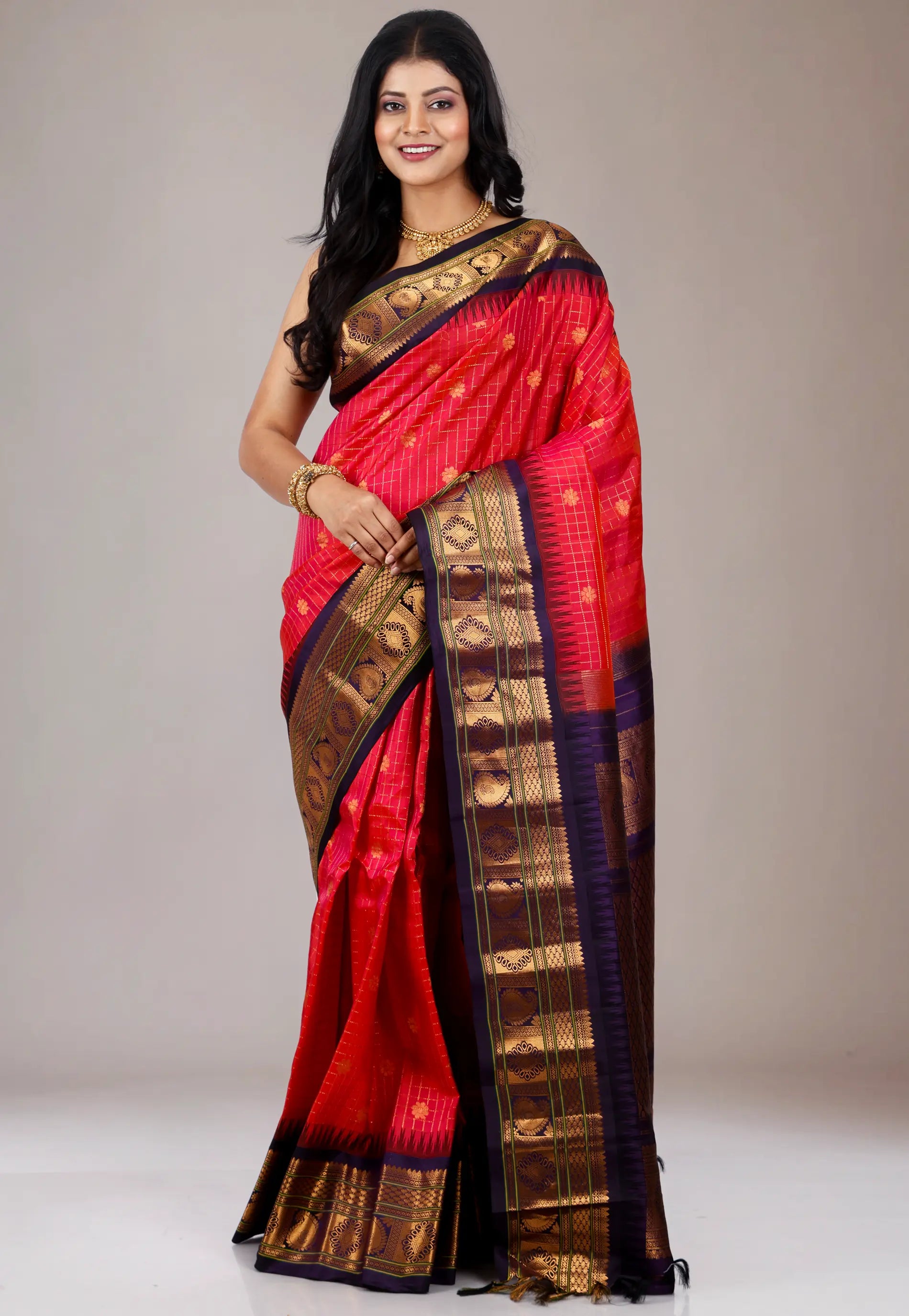 Red with Blue Border Gadwal Pure Silk Saree With Blouse Piece