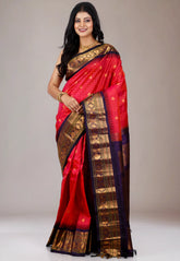 Red with Blue Border Gadwal Pure Silk Saree With Blouse Piece