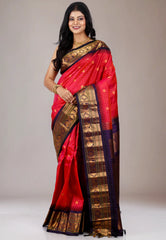 Red with Blue Border Gadwal Pure Silk Saree With Blouse Piece
