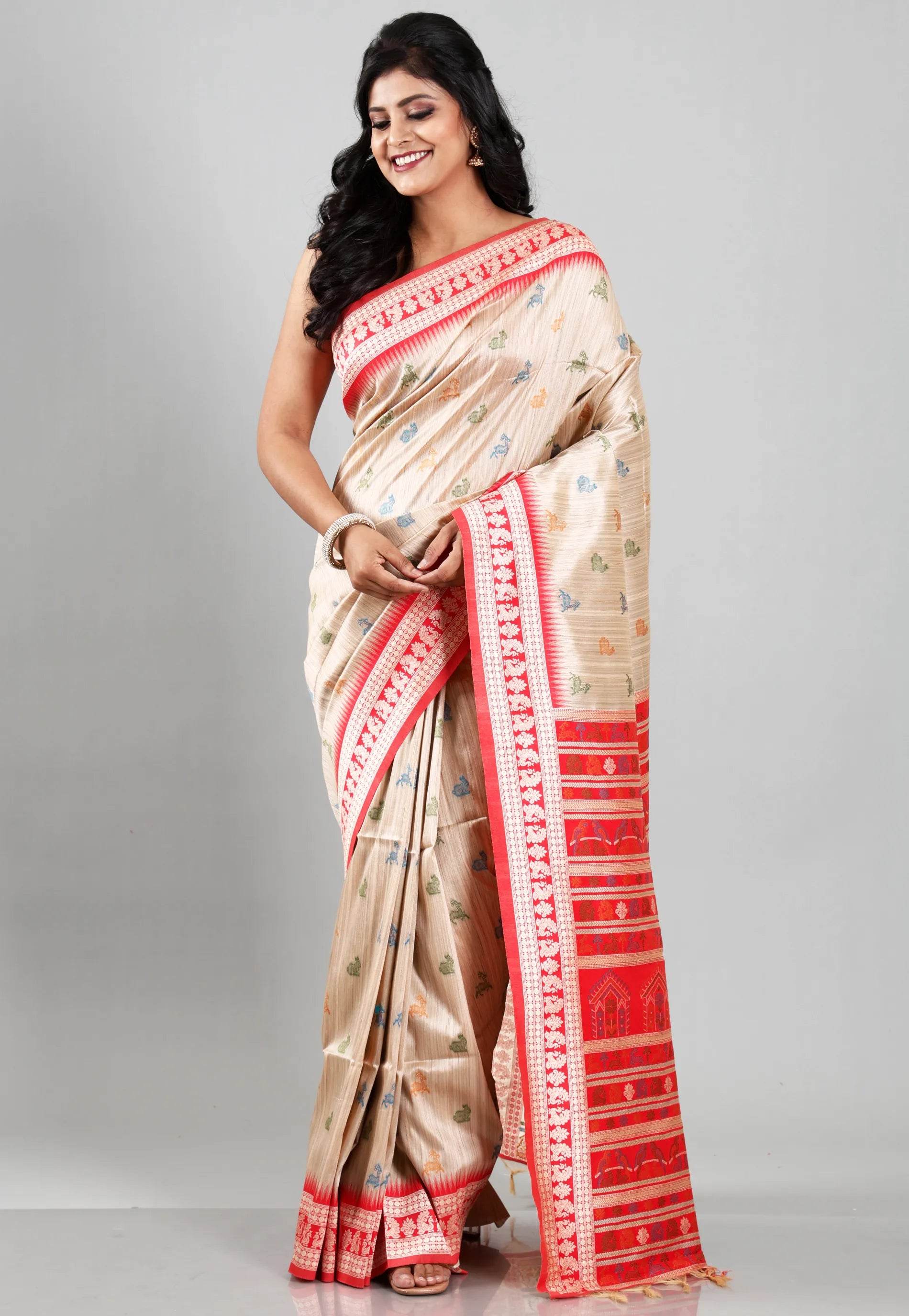 Tussar Colour Silk with Red Border Tussar with Blouse Piece - Adi Akshoy & Co.