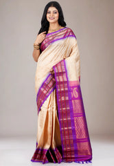 Beige with Purple Border Gadwal Pure Silk Saree With Blouse Piece
