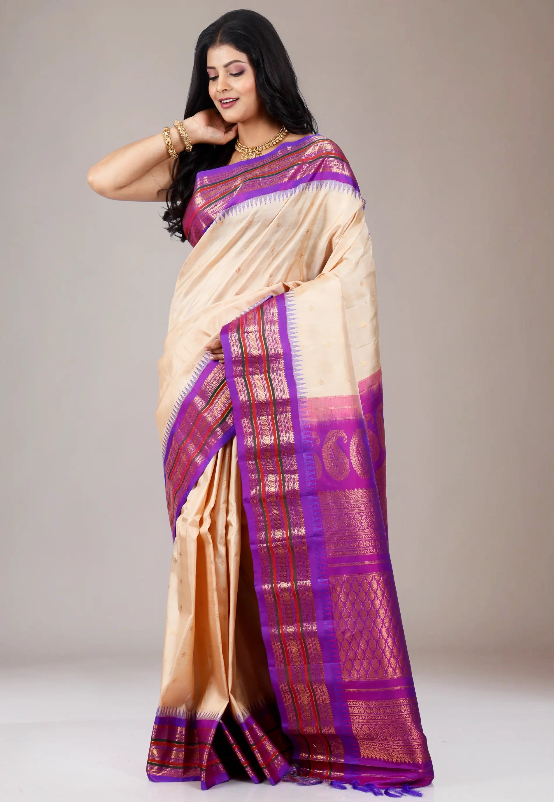 Beige with Purple Border Gadwal Pure Silk Saree With Blouse Piece