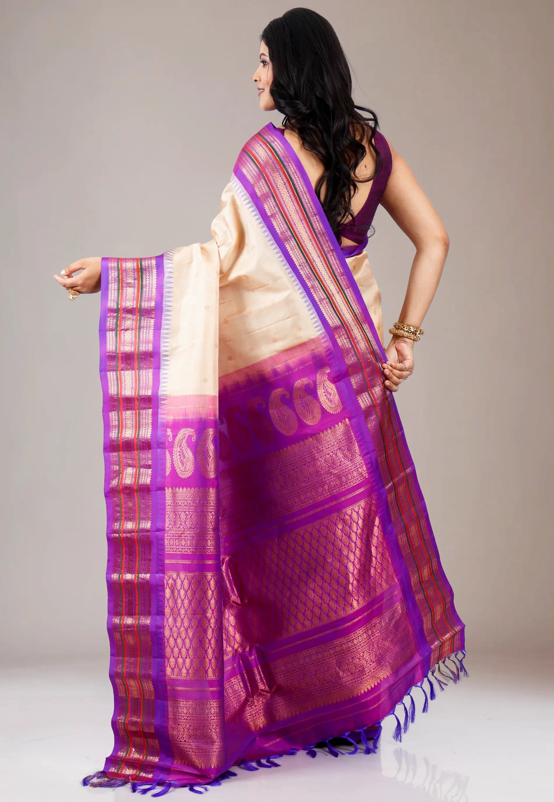 Beige with Purple Border Gadwal Pure Silk Saree With Blouse Piece