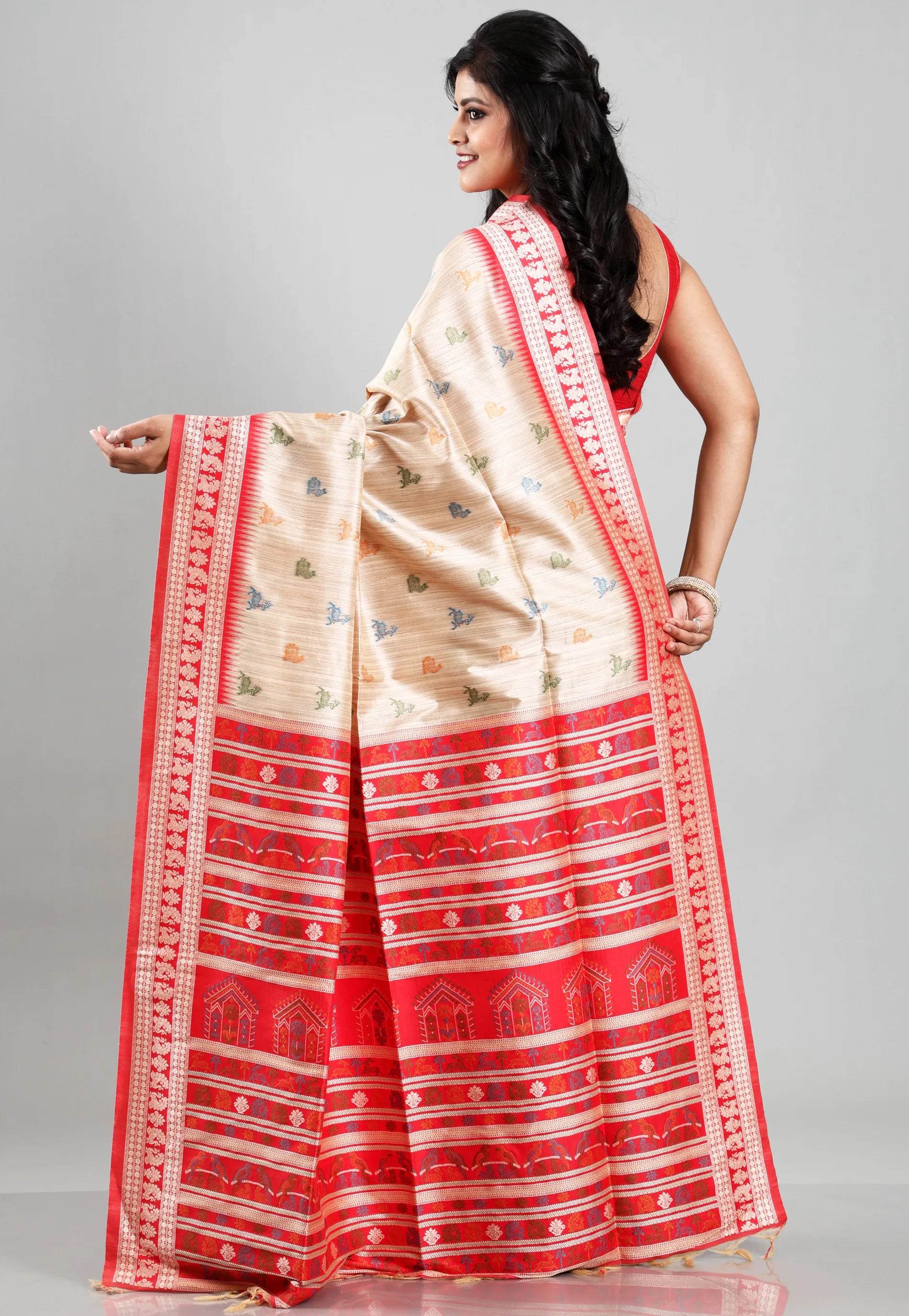 Tussar Colour Silk with Red Border Tussar with Blouse Piece - Adi Akshoy & Co.