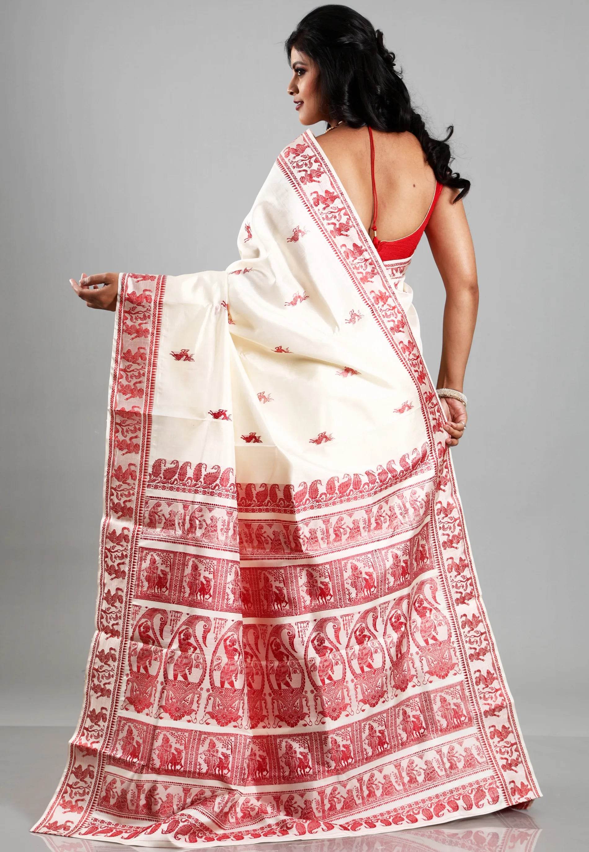 Off White Baluchari Pure Silk Saree with Blouse Piece - Adi Akshoy & Co.