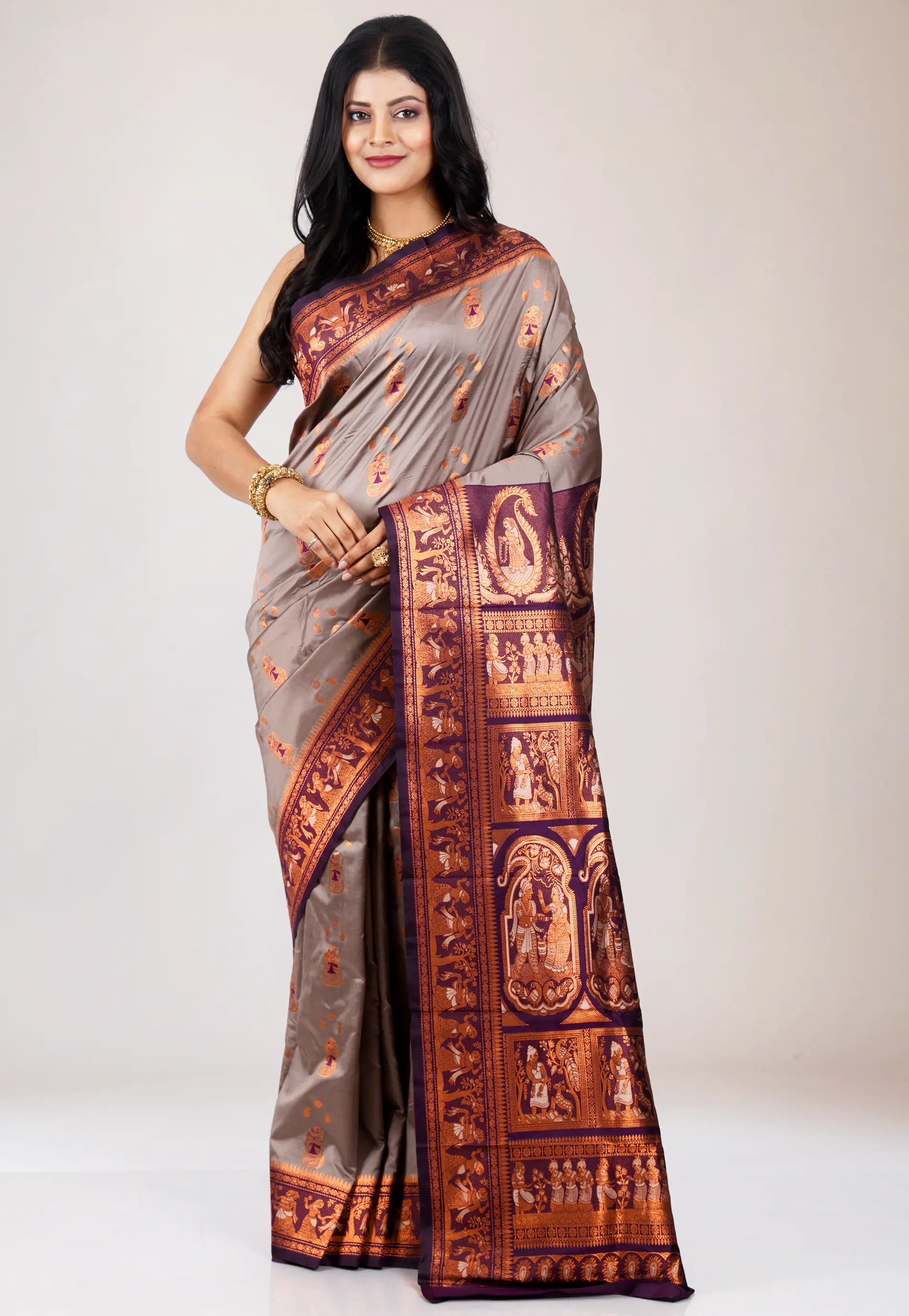 Grey Baluchari Silk Saree with Blouse Piece