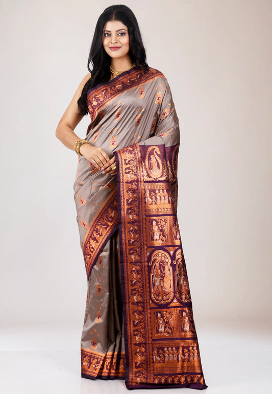 Grey Baluchari Silk Saree with Blouse Piece