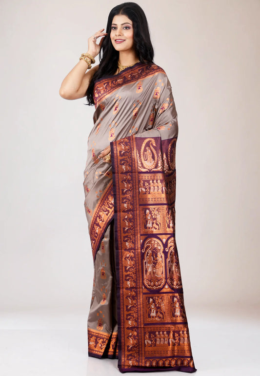 Grey Baluchari Silk Saree with Blouse Piece