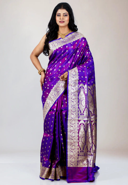 Purple Wedding Banarasi Pure Silk Saree with Blouse Piece