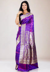 Purple Wedding Banarasi Pure Silk Saree with Blouse Piece