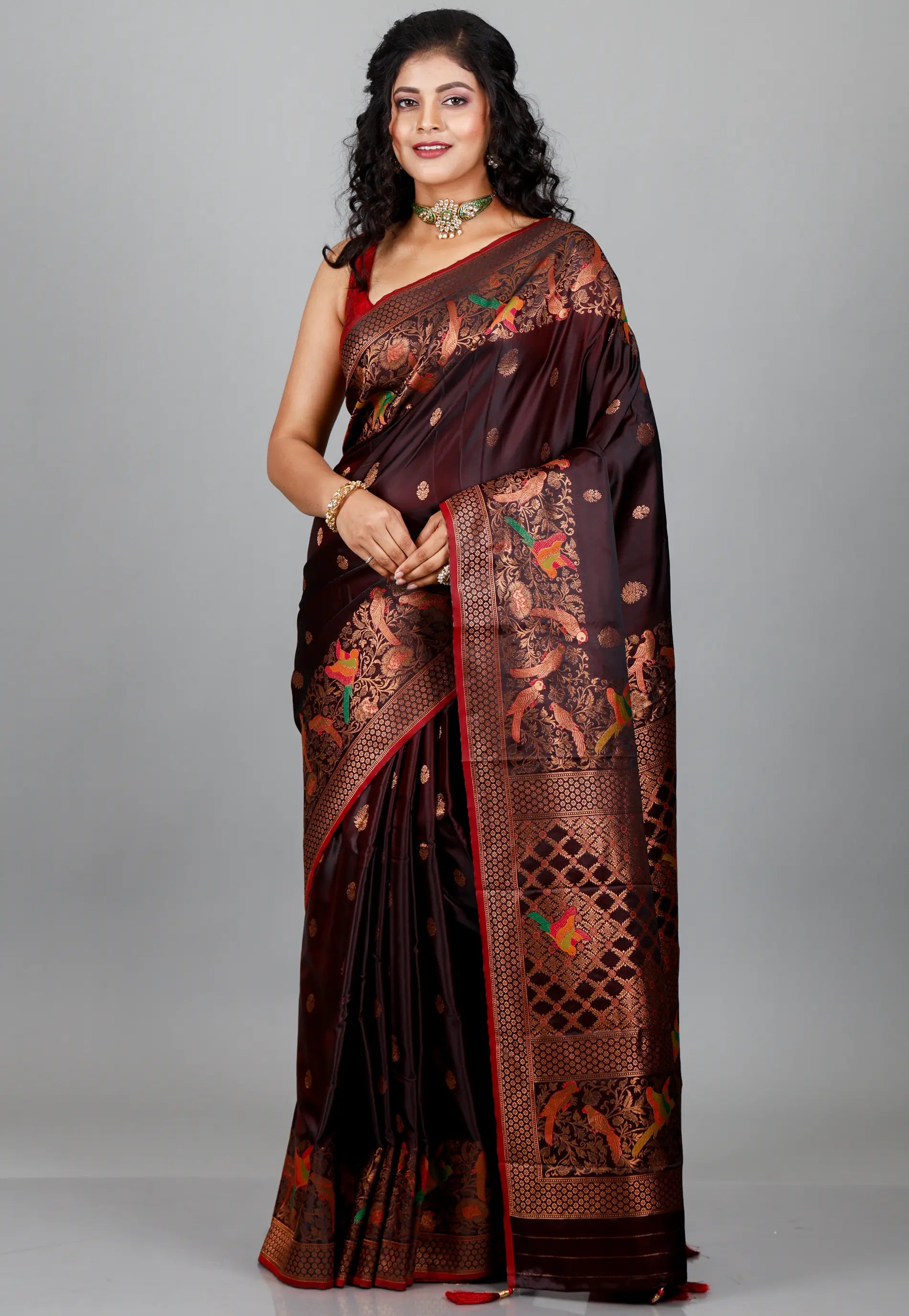 Dark shades of Brown Mashru Silk Saree with blouse Piece