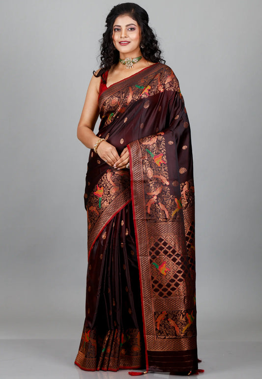 Dark shades of Brown Mashru Silk Saree with blouse Piece