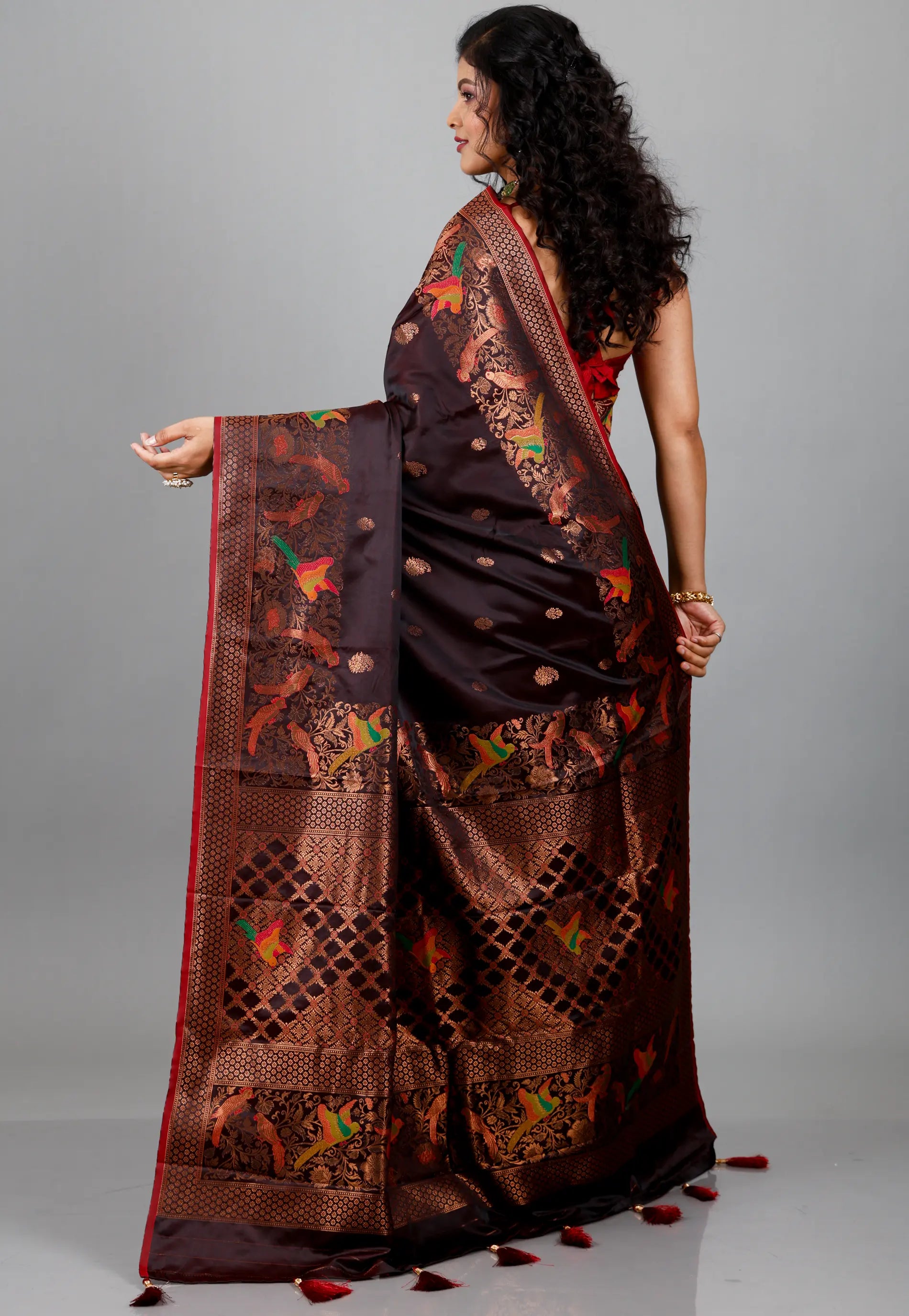 Dark Shades of Brown Mashru Silk Saree with blouse Piece