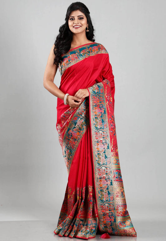 Red Kani Silk Saree With Blouse Piece - Adi Akshoy & Co.