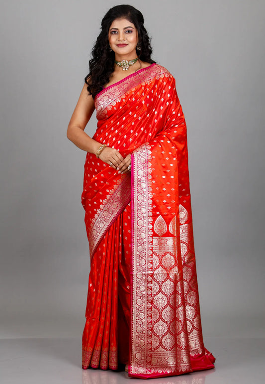 Vibrant Shades of Red with Rani Border Wedding Banarasi Silk Saree with Blouse Piece
