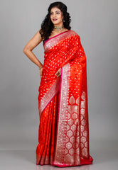 Vibrant Shades of Red with Rani Border Wedding Banarasi Silk Saree with Blouse Piece
