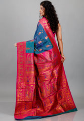 Peacock Blue Baluchari Silk Saree with Blouse Piece