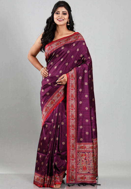 Purple with Red Border Tussar Silk Saree with Blouse Piece - Adi Akshoy & Co.