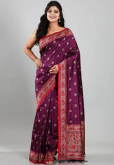 Purple with Red Border Tussar Silk Saree with Blouse Piece - Adi Akshoy & Co.