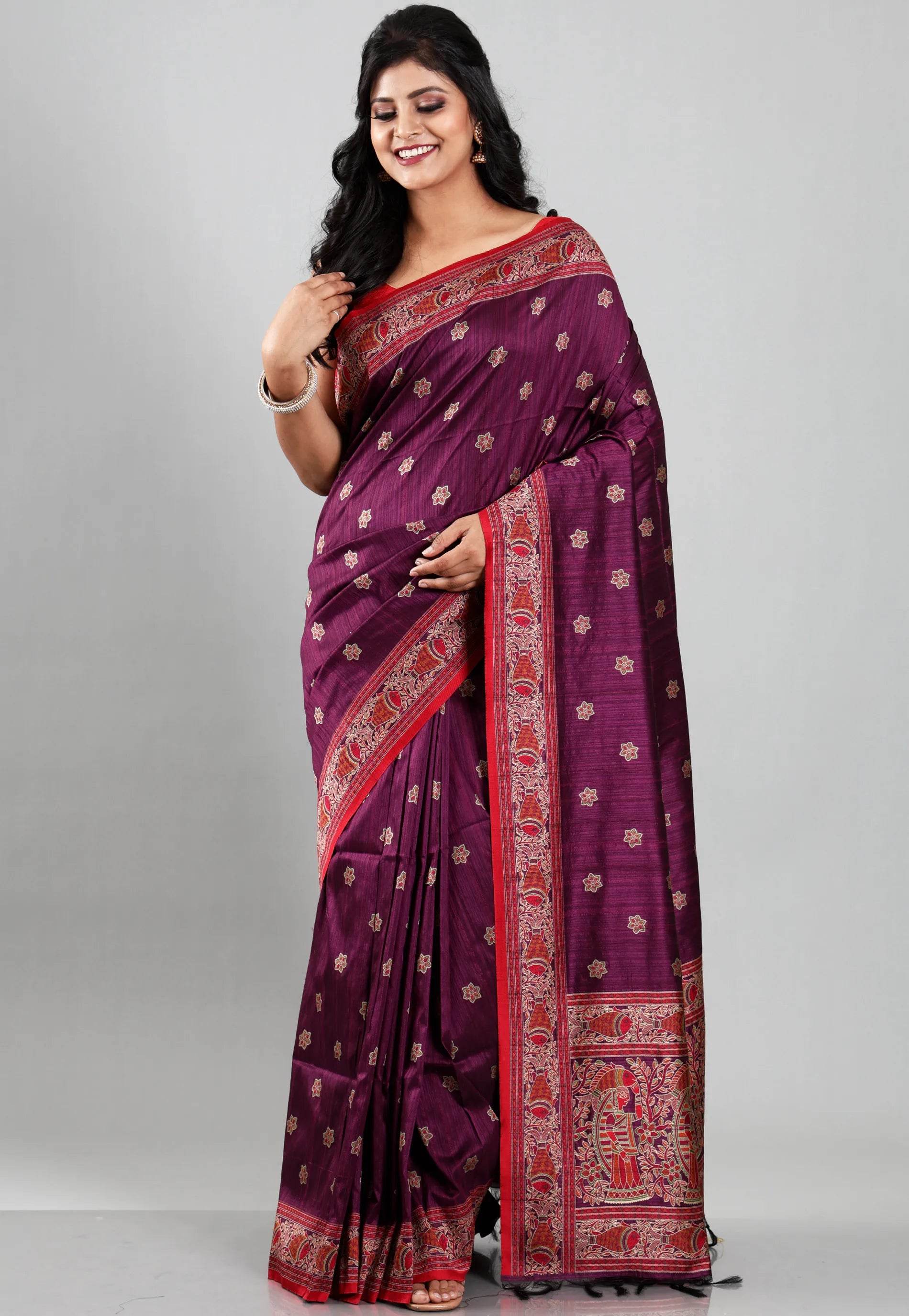 Purple with Red Border Tussar Silk Saree with Blouse Piece - Adi Akshoy & Co.