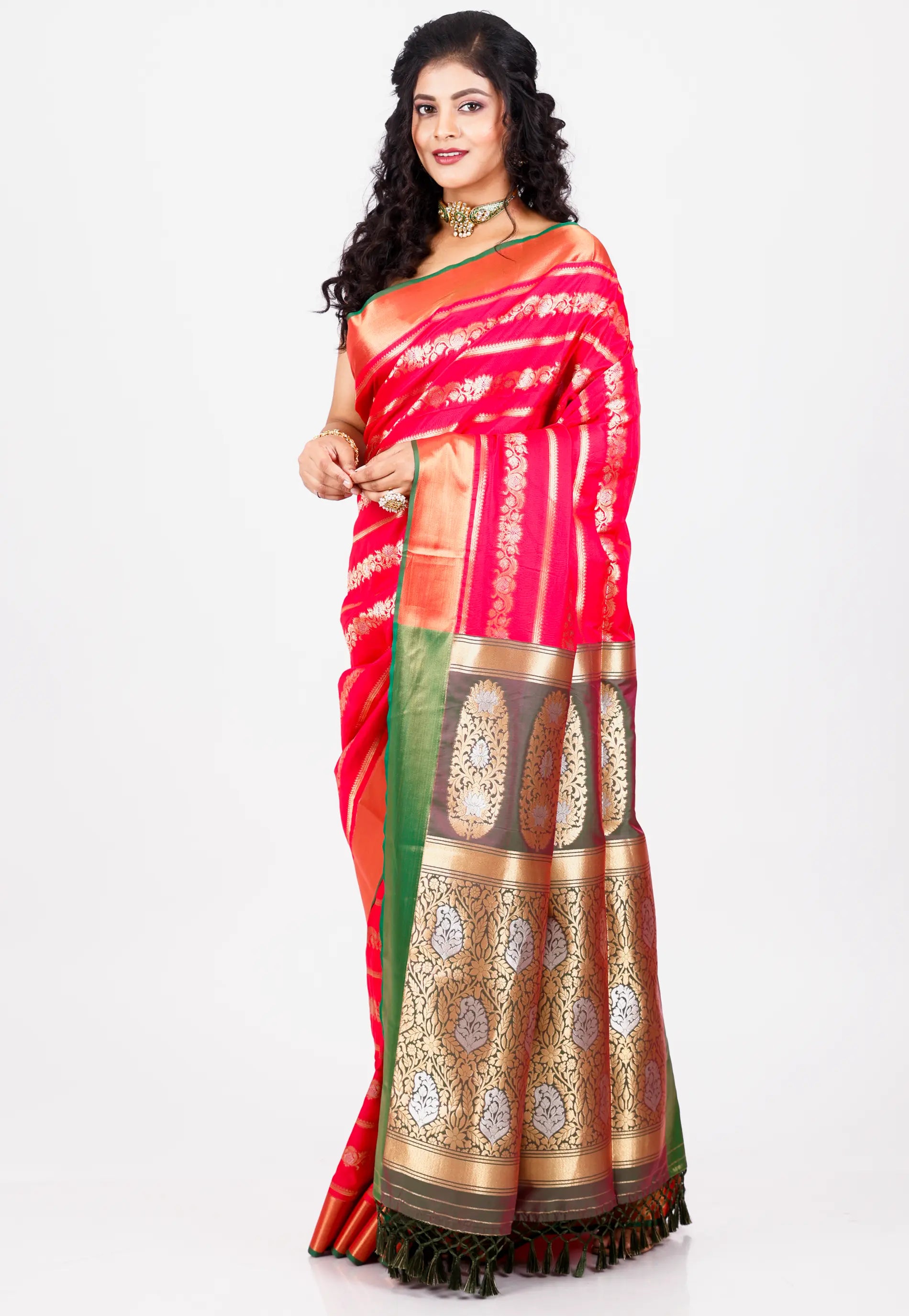 Rani with Orange Border Katan Silk Saree With Blouse Piece