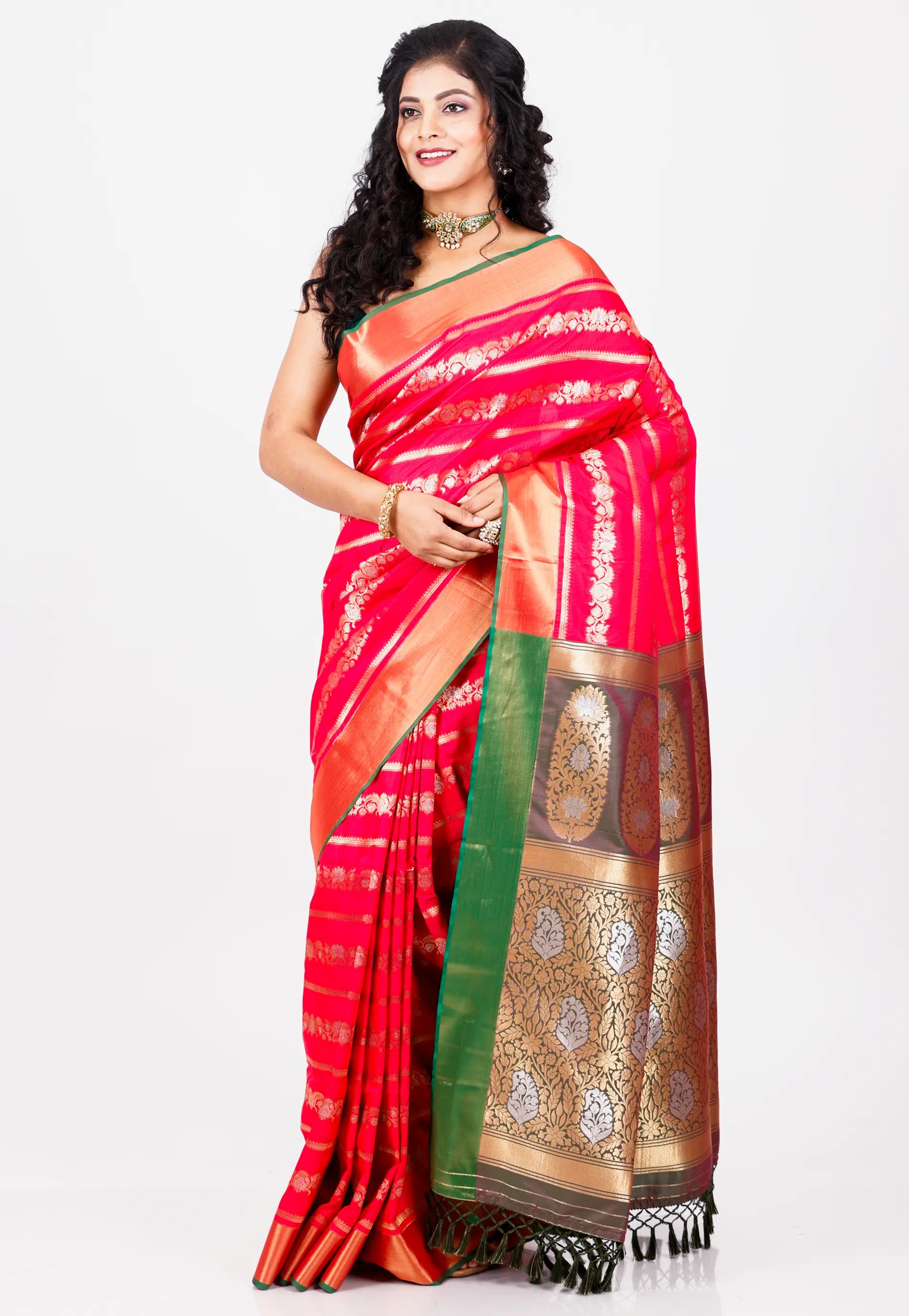 Rani with Orange Border Katan Silk Saree With Blouse Piece