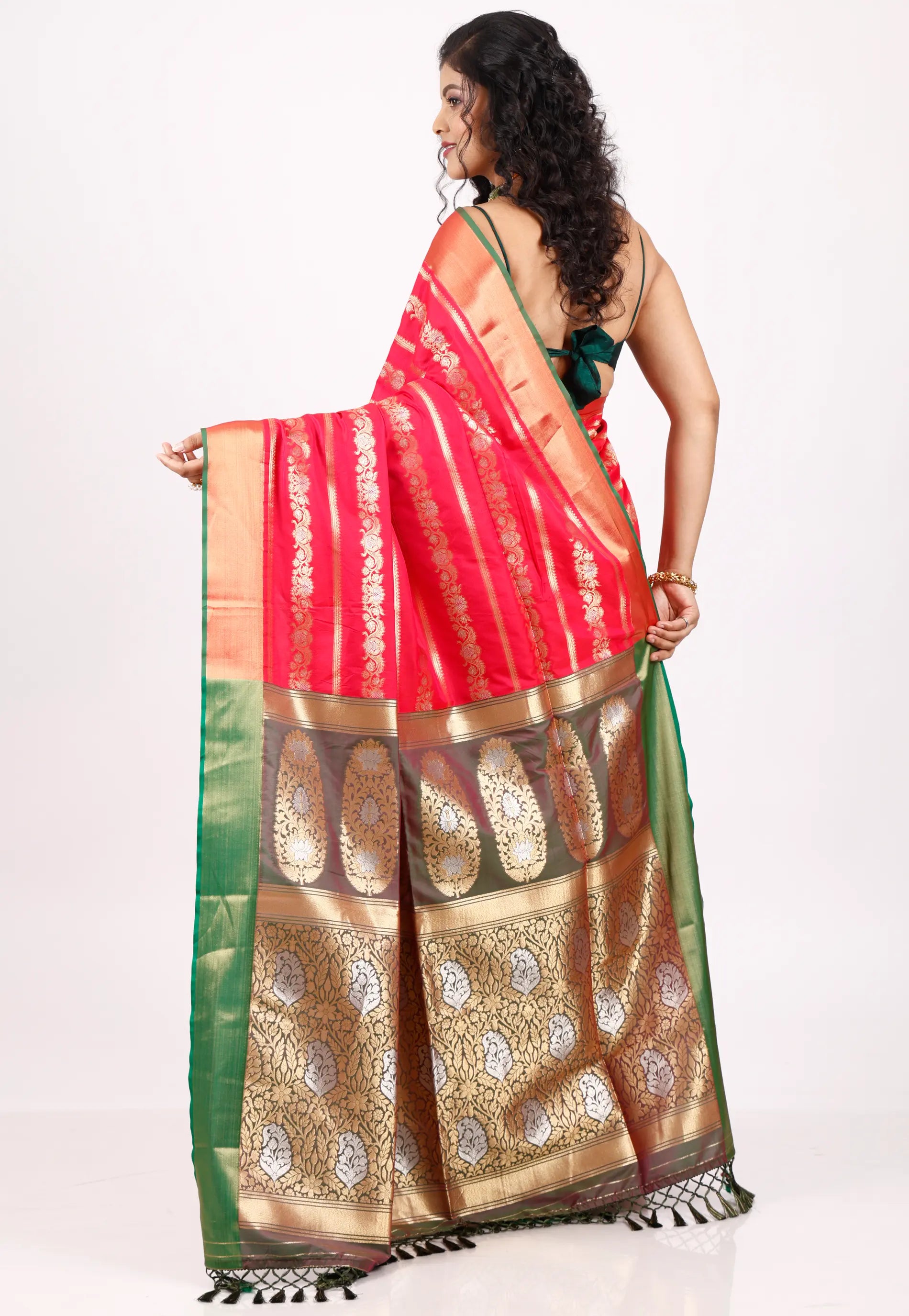 Rani with Orange Border Katan Silk Saree With Blouse Piece