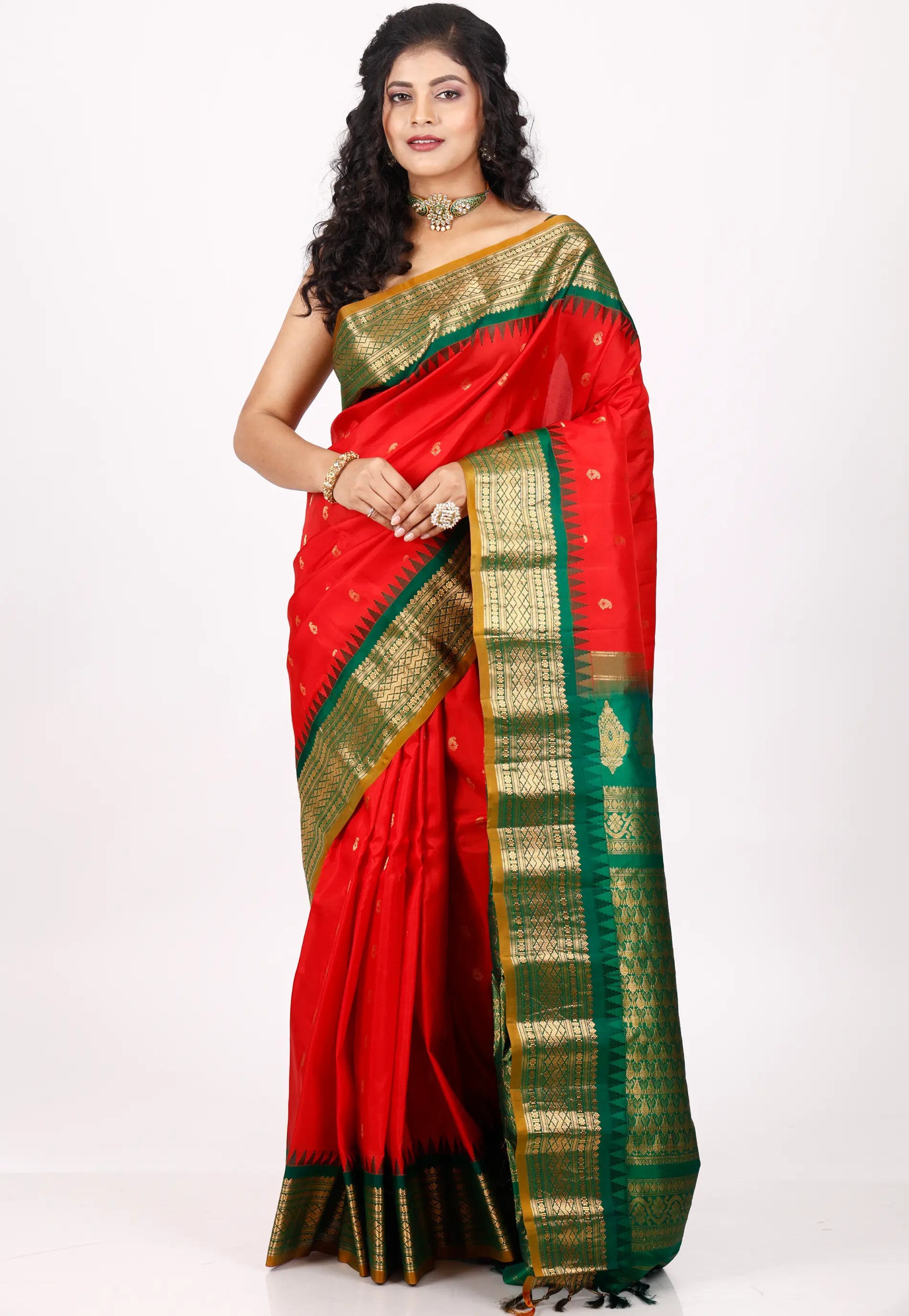 Red with Green Border Gadwal Pure Silk Saree With Blouse Piece