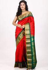 Red with Green Border Gadwal Pure Silk Saree With Blouse Piece