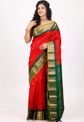 Red with Green Border Gadwal Pure Silk Saree With Blouse Piece