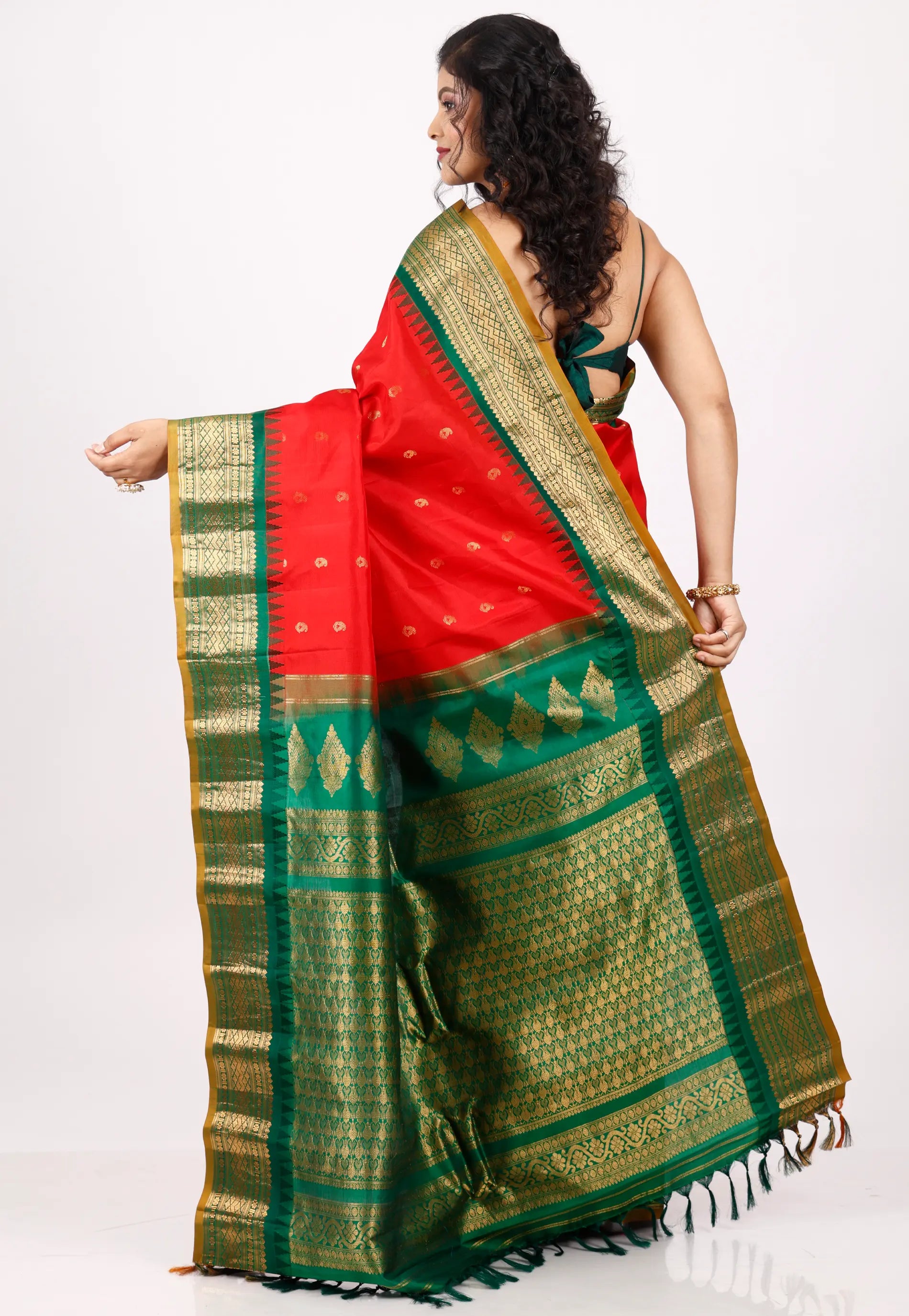 Red with Green Border Gadwal Pure Silk Saree With Blouse Piece