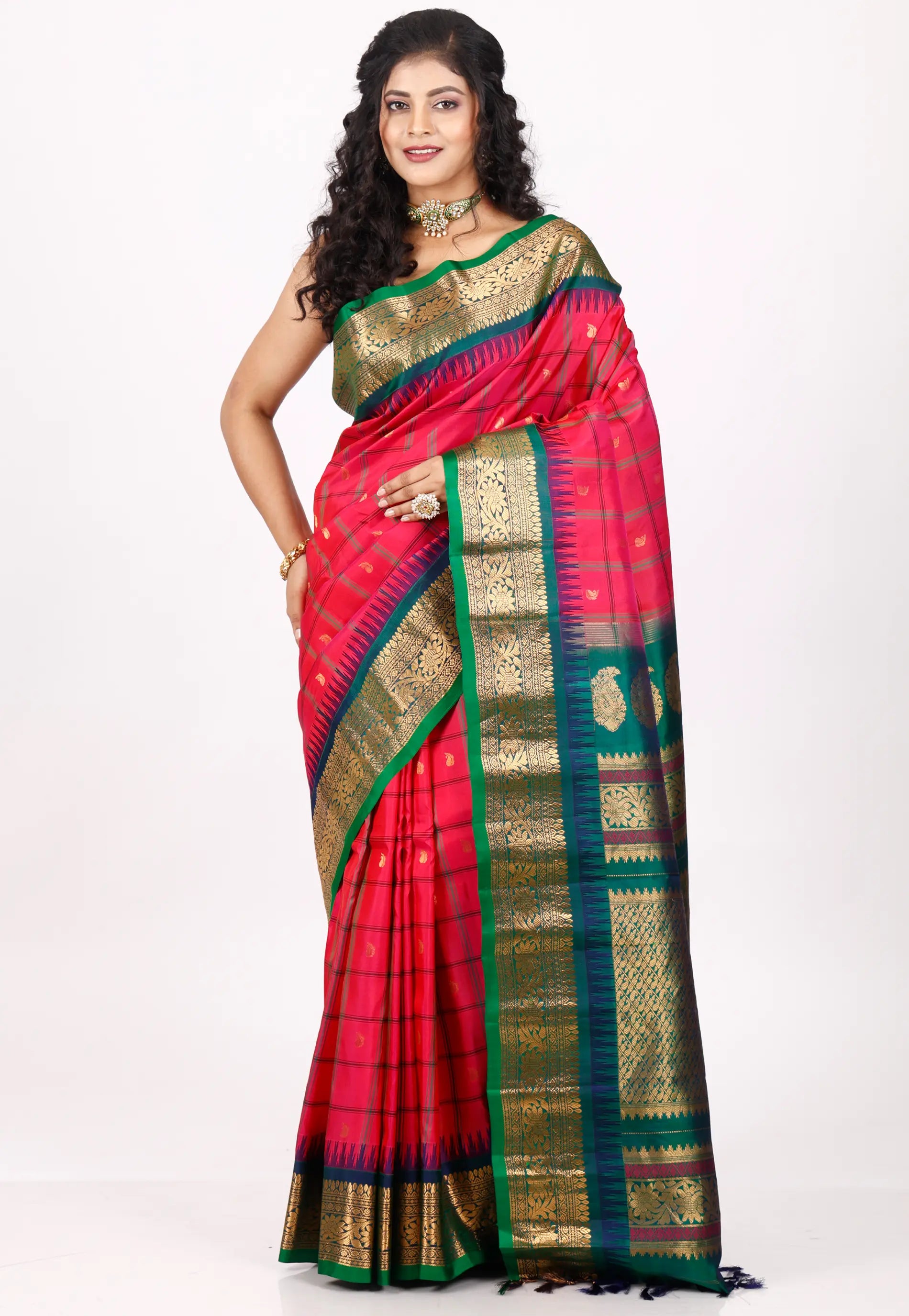 Red with Green Border Gadwal Pure Silk Saree With Blouse Piece
