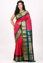 Red with Green Border Gadwal Pure Silk Saree With Blouse Piece