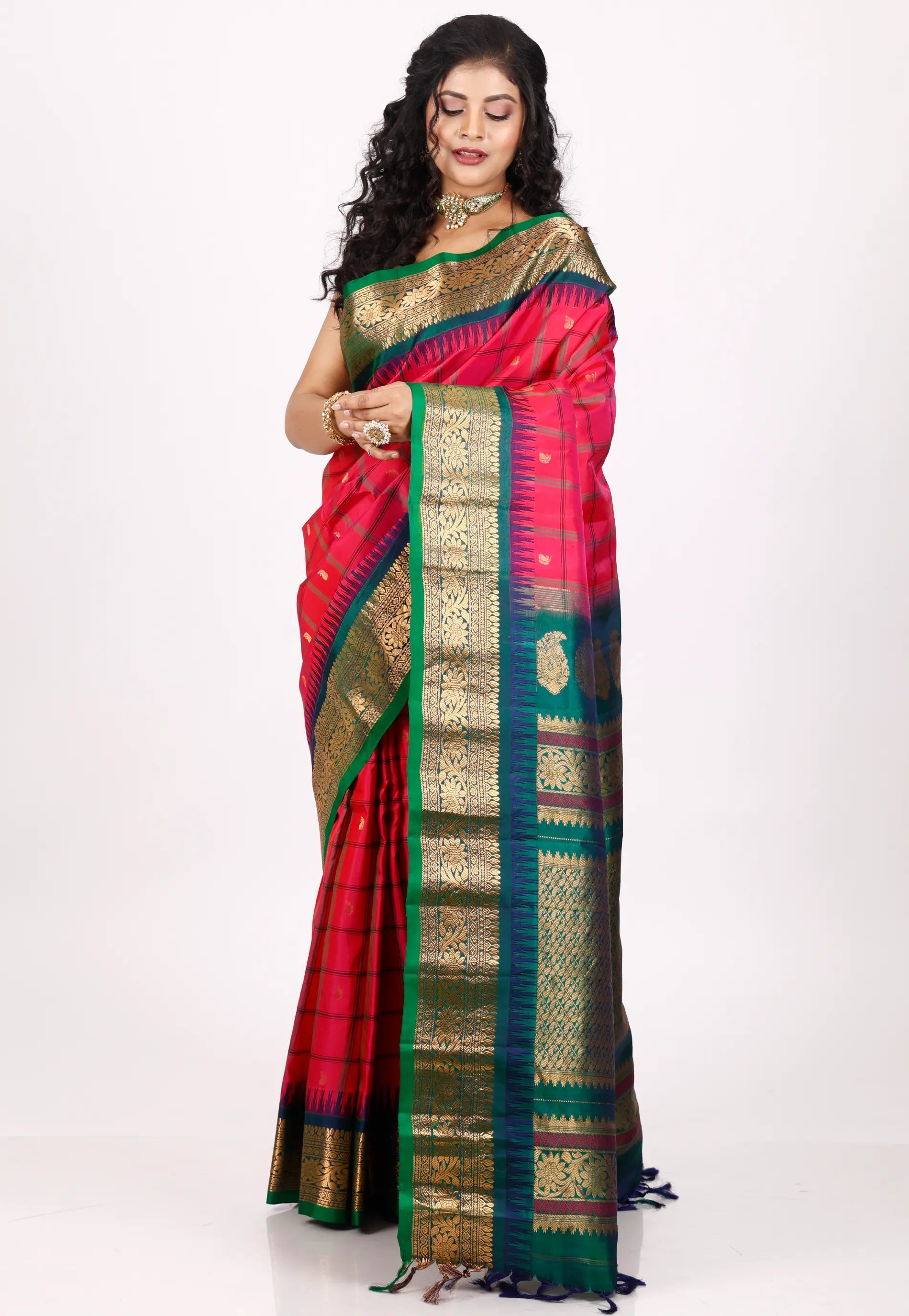Red with Green Border Gadwal Pure Silk Saree With Blouse Piece