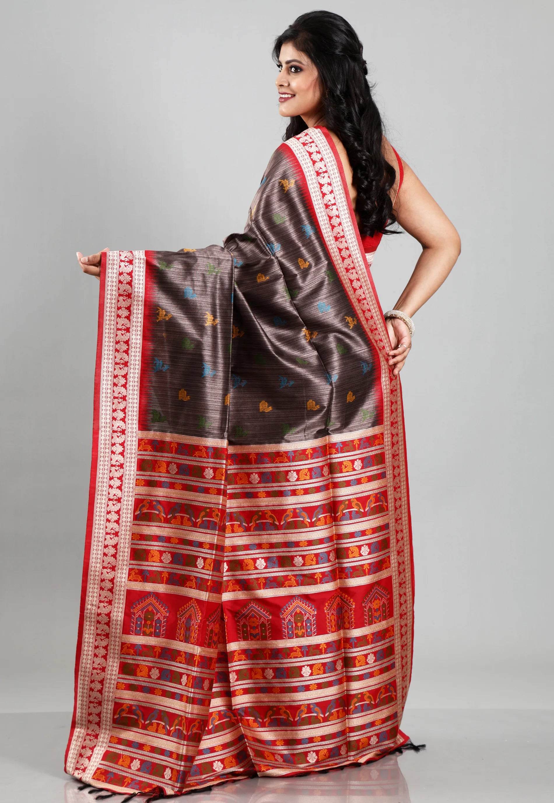 Brown with Red Border Tussar Silk Saree with Blouse Piece - Adi Akshoy & Co.