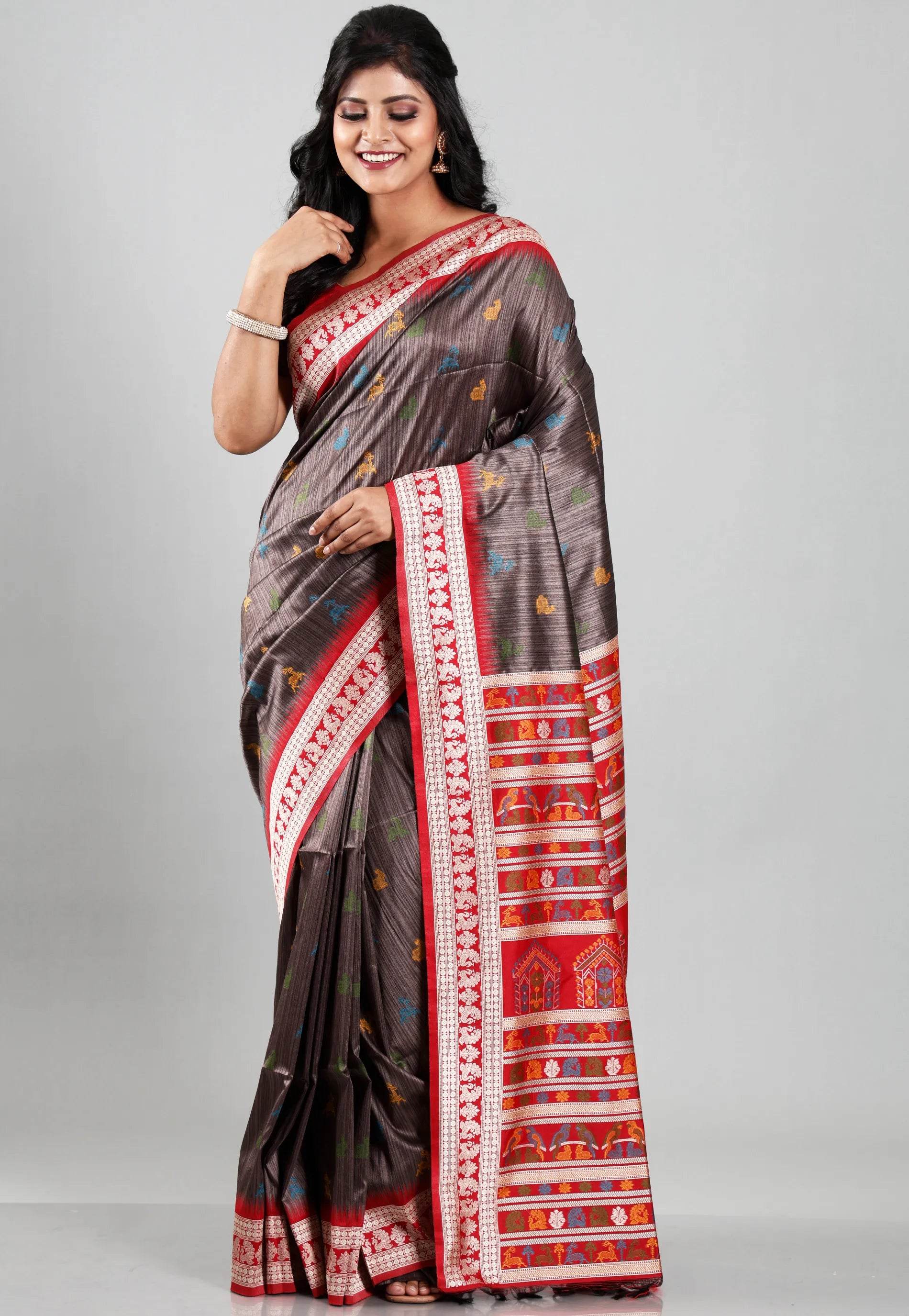 Brown with Red Border Tussar Silk Saree with Blouse Piece - Adi Akshoy & Co.