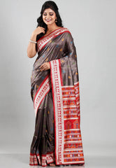 Brown with Red Border Tussar Silk Saree with Blouse Piece - Adi Akshoy & Co.
