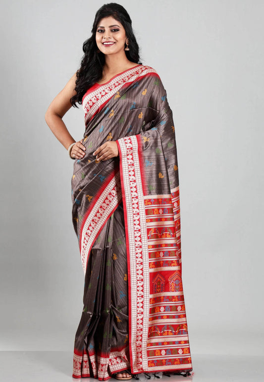 Brown with Red Border Tussar Silk Saree with Blouse Piece - Adi Akshoy & Co.