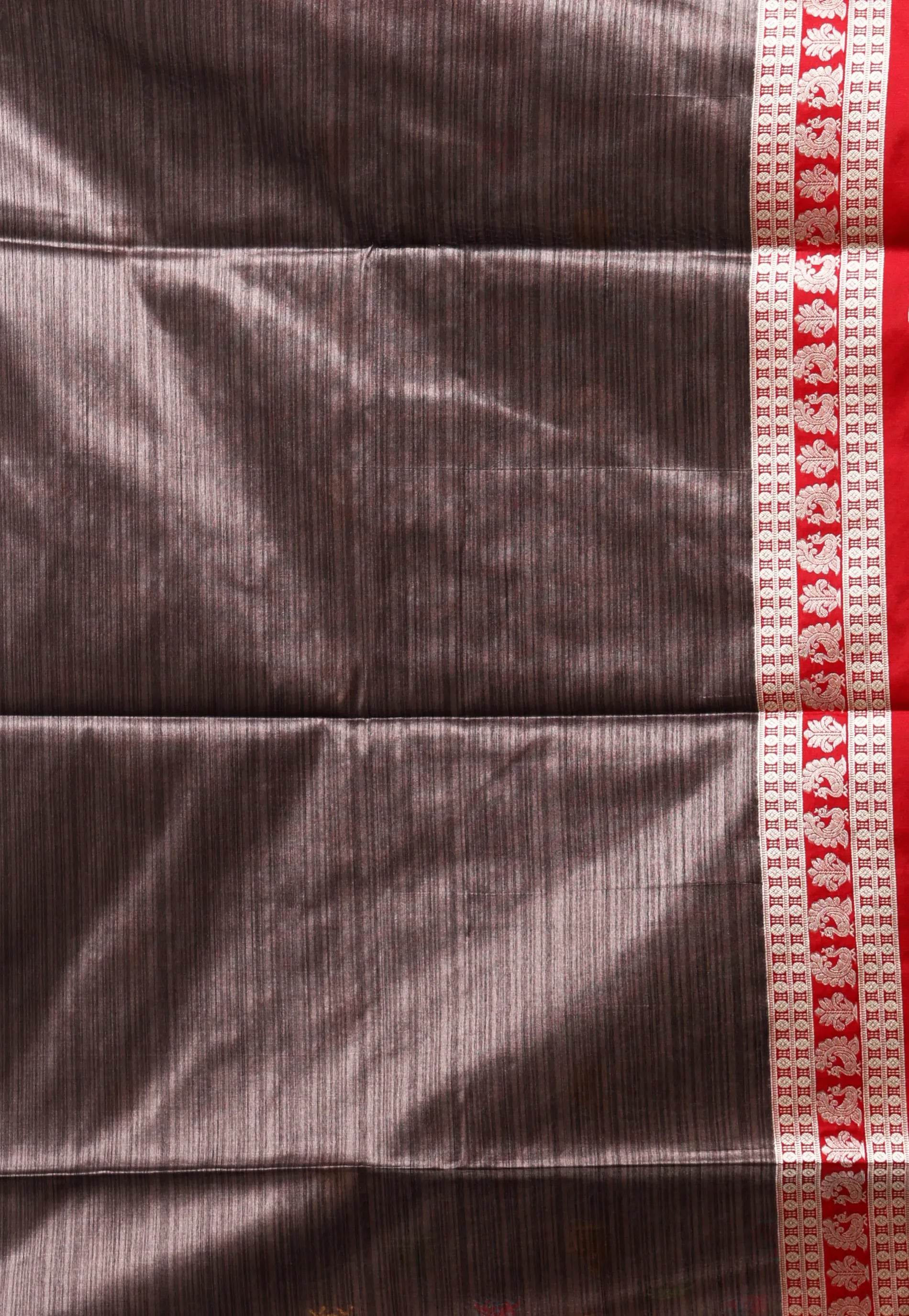Brown with Red Border Tussar Silk Saree with Blouse Piece - Adi Akshoy & Co.