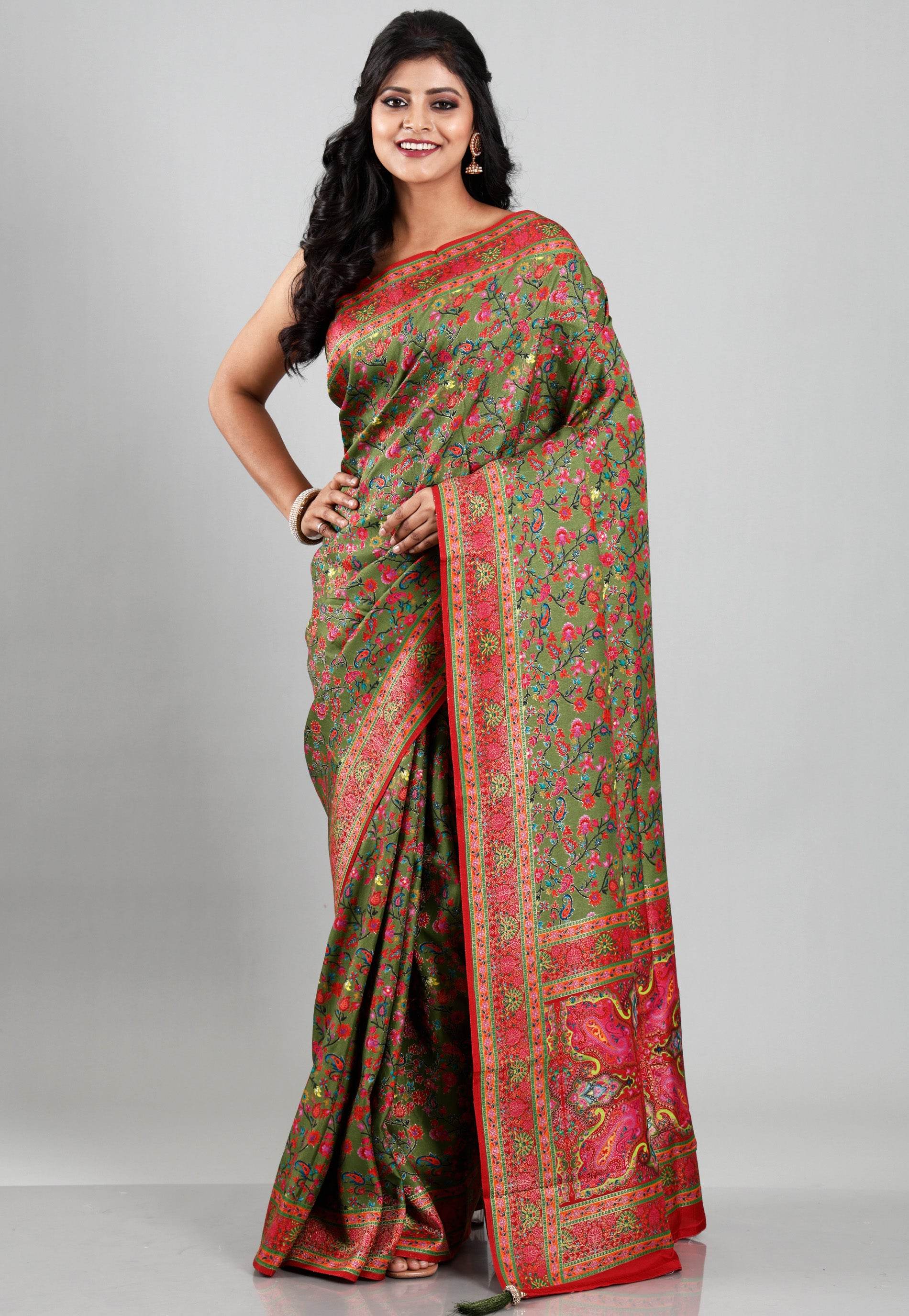 Pesta Green Kani Silk Saree With Blouse Piece - Adi Akshoy & Co.