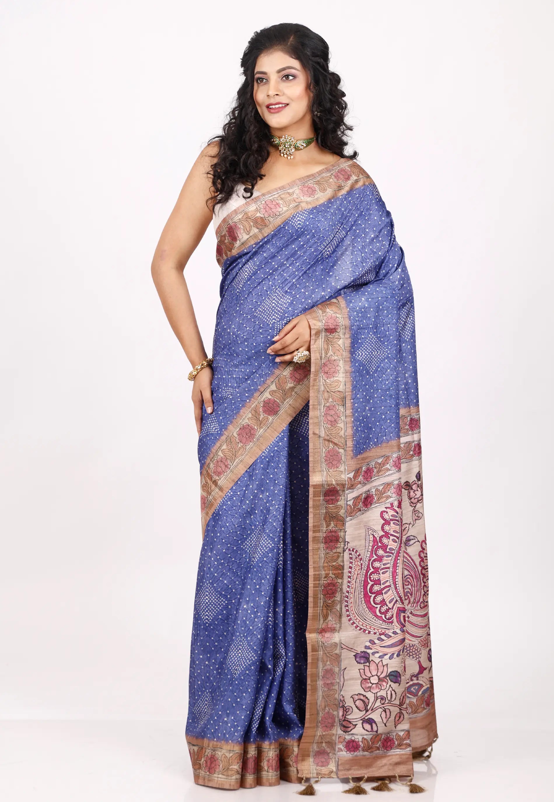 Feroza Blue Tussar Silk Saree with Blouse Piece